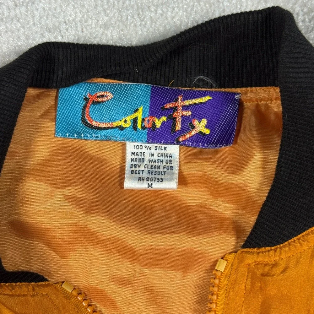 Color‎ Fx Vintage Womens 100% Silk Bomber Jacket Orange Black Trim Size Medium